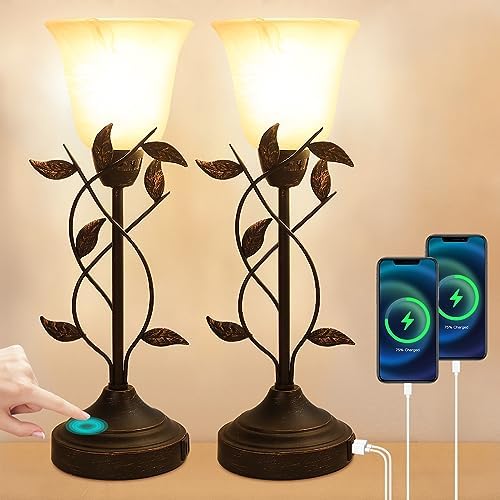Bedside Lamps Touch Control Table Lamps with Dual USB Ports 3 Way Dimmable Nightstand Lamp for Bedroom Vintage Leaf Lamp for Living Room Glass Shade Small Lamps for Bedrooms Set of 2 Bulb Included