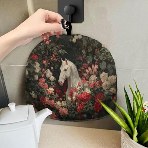 Image of Rose White Horse Print Handmade Tea Cozy Kitchen Home Decorations Teas Cosy Creative Gifts Tea Cozies for Teapot Keep Warm Double Tnsulated Kettle Cover for Office