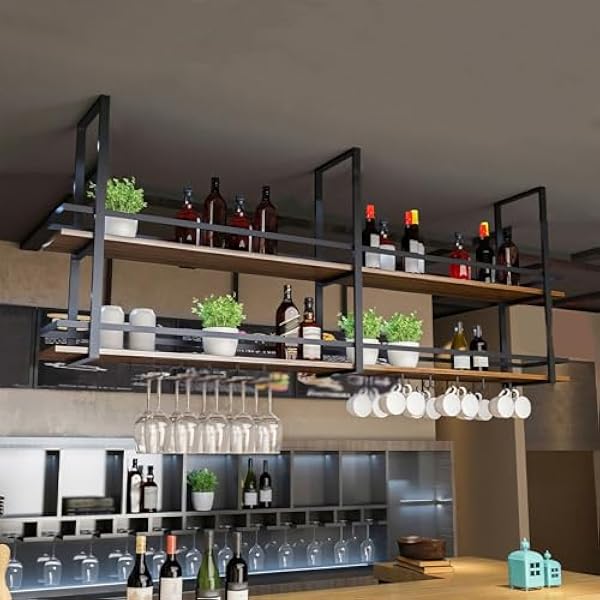 Montowany na suficie metalowy uchwyt na butelkę z półką i stojakiem – oszczędność miejsca rozwiązanie do przechowywania do barów, kawiarni i kuchni, stylowy napój do użytku domowego i komercyjnego