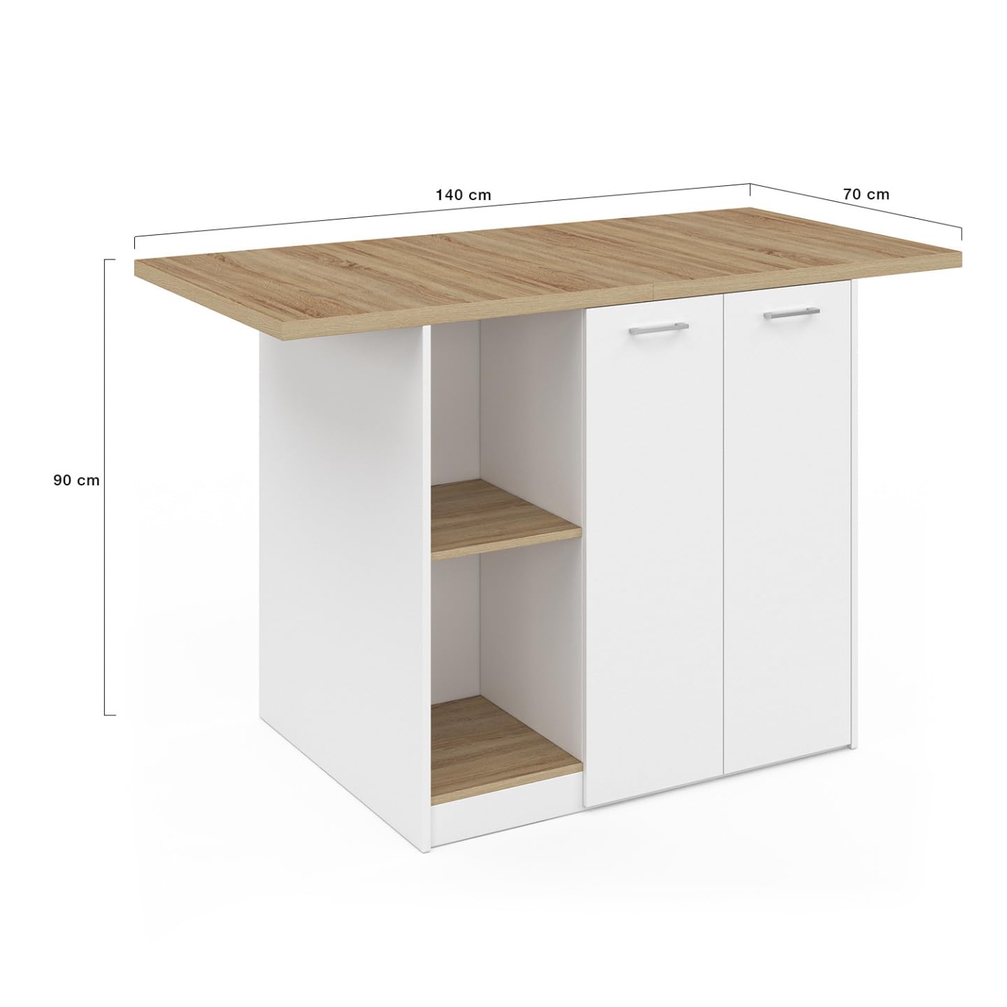 IDMarket - Ilot Central BAO 140 cm 4 Personnes Bois Blanc avec Plan de Travail façon hêtre