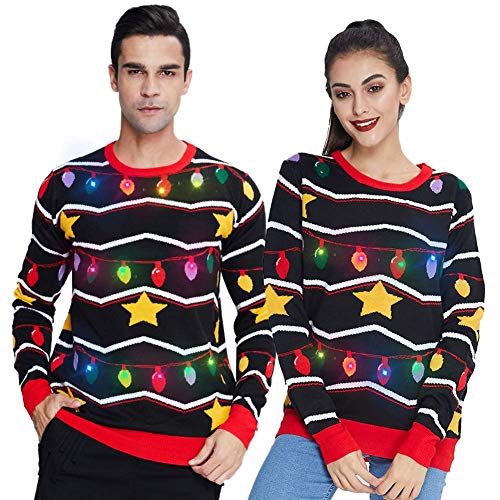 Freshhoodies Unisex Estrella con Luces Suéter de Navidad con lámpara LED Sudadera de Punto Divertida para Navidad Jerséis XXL