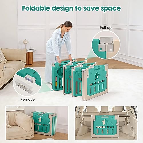 Baby Playpen, Dripex Baby Playard for Babies and Toddlers, 14-Panel Foldable Playpen Adjustable Portable Play Area, Indoor/Outdoor Kids Active Center with Game Panel & Safety Gate, Green White