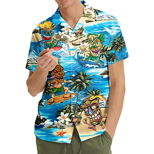 MOOLEY Tropical Tiki Hawaiian Shirt for Men, Summer Aloha Button Down Shirt Men, Mens Hawaiian Shirts Short Sleeve S4