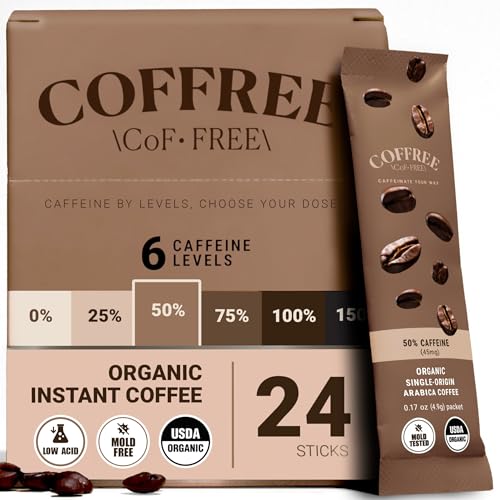 COFFREE Organic Instant Coffee Packets - 50% Half Caff Low Acid, Mold Free Coffee Made with Arabica Coffee Beans - Rich & Smooth Taste - Hot or Cold Single Serve Travel Packets 24 Pack Box