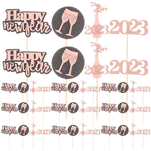 LUOZZY 40 peças 2023 Feliz Ano Novo Cupcake Toppers Glitter Rose Gold 2023 Palhetas de Cupcake Decor