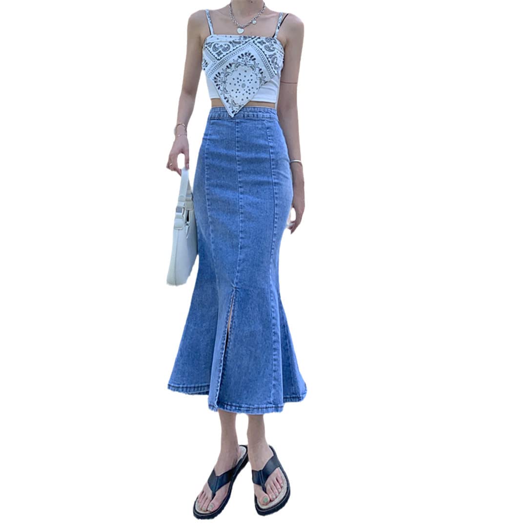 PYTRXGBO Retro Hip Wrap Vita Alta Nero Denim Gonna Femminile Sirena Split Gonna Lunga, Blu, XL