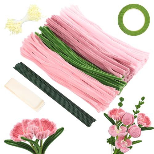 JAWELL Lot de 300 brosses colorées pour travaux manuels, roses, pour travaux manuels, avec tige de fil floral et ruban, brossettes de chenille colorées pour tulipes à faire soi-même