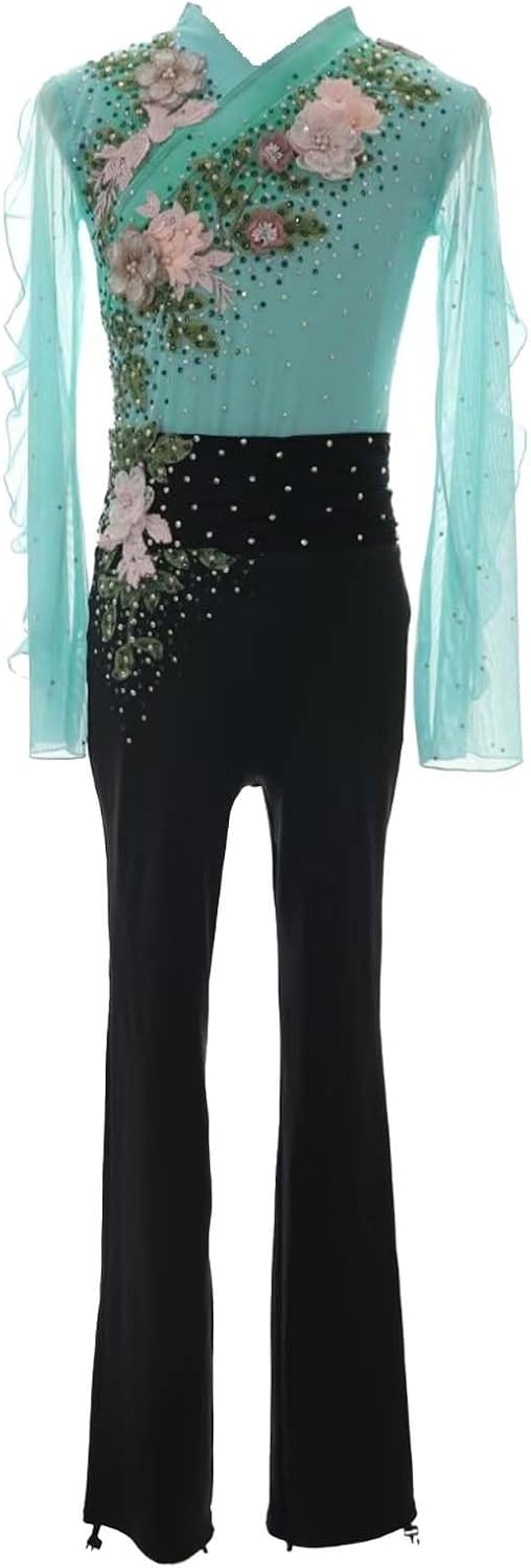 Rhythmic Gymnastics for Men V Neck Long Sleeve Sparkling Rhinestones Applique Soft Breathable Durable Training