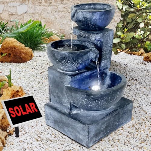 Gartenbrunnen Solarbrunnen Brunnen GRANITSCHALEN-Kaskade mit LED-Licht und Li-Ion-Akku, Vogelbad...