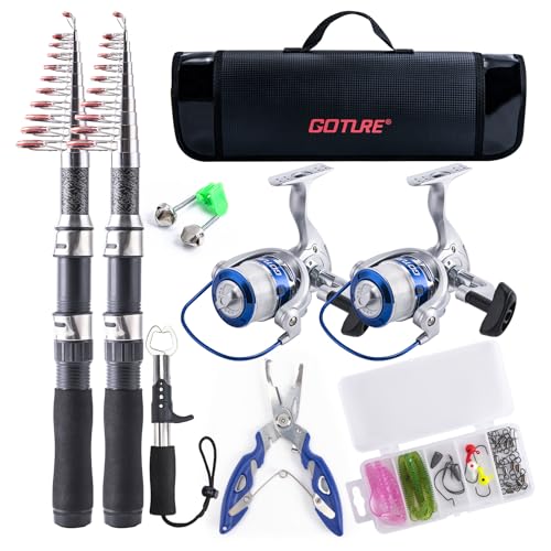 Matymats Telescopic Fishing Rod and Reel Set - 2 Sea Fishing Rods + 2 Pre-Spooled Spinning Reels, Travel Combo With Carrier Bag, 2.7M/8.8FT