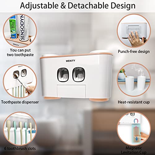 Toothbrush Holder Wall Mounted, WEKITY Multi-Functional Toothbrush and Toothpaste Dispenser for Bathroom, with 5 Toothbrush Slots, 2 Toothpaste Squeezers and 4 Cups(Pink)