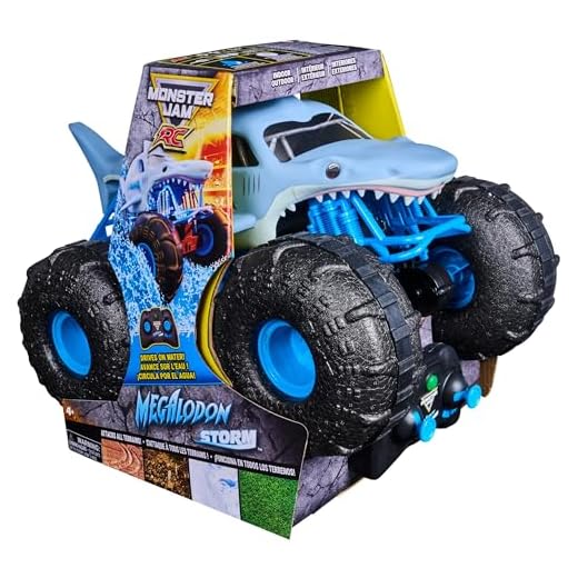 Monster Jam Megalodon Storm, RC Truck, Amphibienfahrzeug in Hai-Optik für Land und Wasser, Maßstab 1:15 - kinderleichte Bedienung, ab 4 Jahren