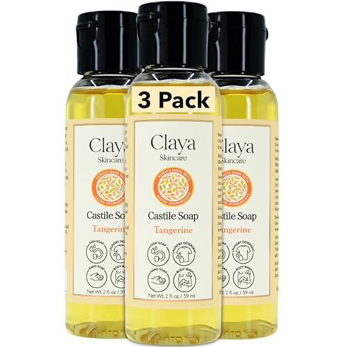 Image of Claya Tangerine Liquid Castile Soap - Organic Ingredients, Biodegradable, Gentle for Sensitive Skin, Versatile Use and Travel Size (3 Pack of 2 fl oz)