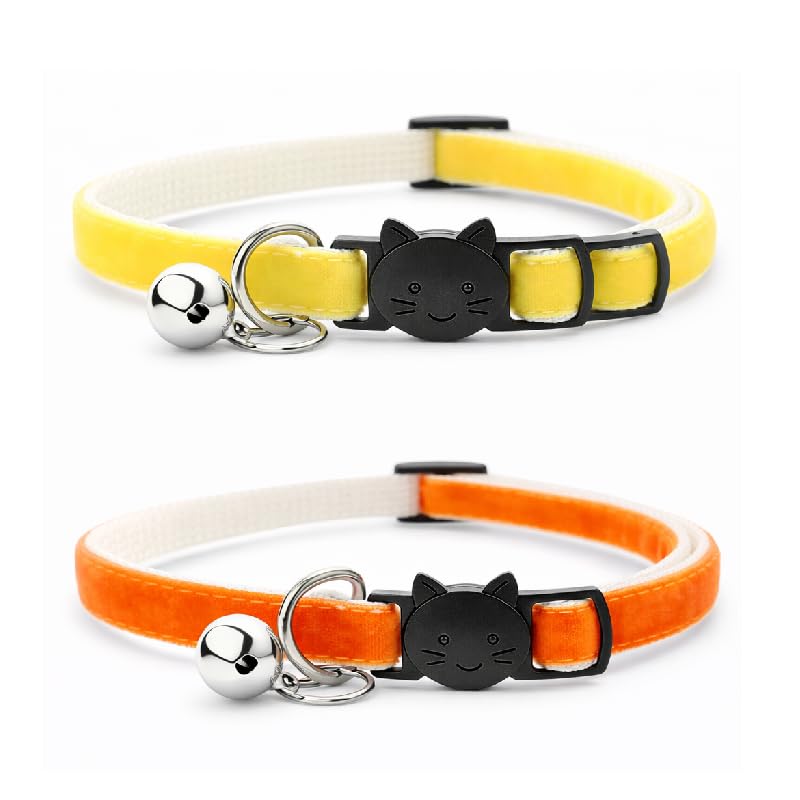 Velvet Cat Collars with Bell. Safe Quick Release Breakaway Buckle | Zacal Cat Collars (Lemon Yellow & Orange, Pack of 2)