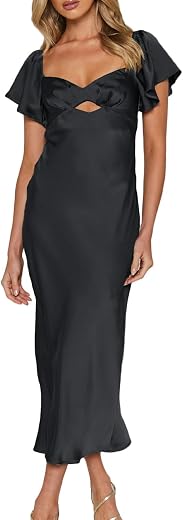 Satin Summer Dresses Flutter Sleeve Wedding Guest Dresses for Women Sweetheart Cutout Tie Back Midi Cocktail Dress