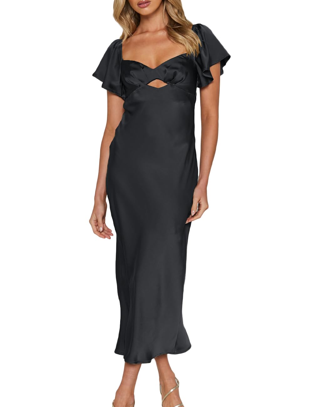 Satin Summer Dresses Flutter Sleeve Wedding Guest Dresses for Women Sweetheart Cutout Tie Back Midi Cocktail Dress - Review, Price and Buying Guide