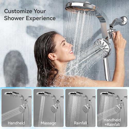 Image of INAVAMZ High Pressure Rain Shower Head Combo with Magnetic Handheld Silver | Dual Shower System with Rainfall Showerhead and 8-Spray Handheld, Magnetic Dock, Adjustable Angle, Power Jet for Cleaning