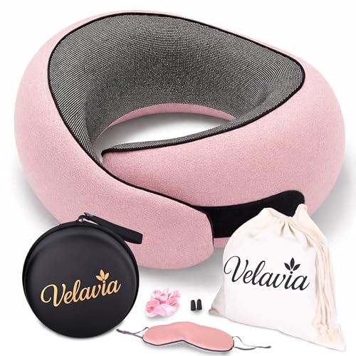 Image of Travel Neck Pillow,Ergonomic 360 Memory Foam Support for Head, Neck. Adjustable for Long Flights. Soft &Washable Cover, EVA Box, 3D Eye Mask, Earplugs, Hair Tie & Luxury Bag (Pink)