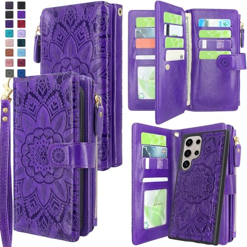 Harryshell Detachable Magnetic Zipper Wallet Leather Case with Cash Coin Pocket 12 Card Slots Holder Wrist Strap Lanyard for Samsung Galaxy S24 Ultra 5G 6.8 inch (2024) (Flower Purple)