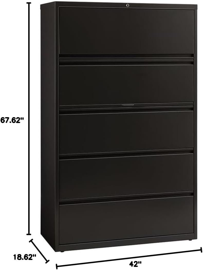 Pemberly Row 42-in Wide Metal Lateral Filing Cabinet, Black Powder Coat Finish, 5 Drawer Commercial Grade Office Storage, Steel Frame with Lock, 67.63 H x 42 W x 18.63 D Inches