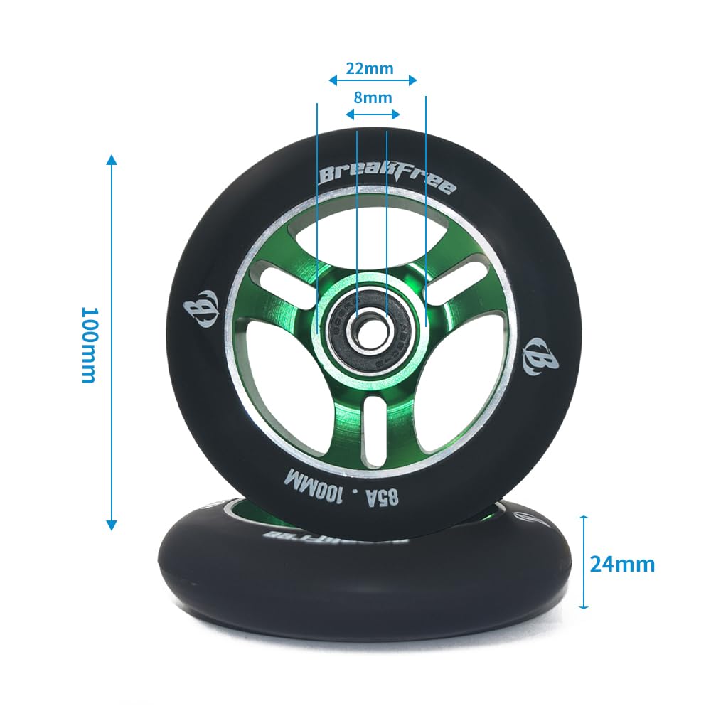 B BREAKFREE Lot de 2 roues de trottinette Pro 100 mm x 24 mm 85A avec noyau en alliage d'aluminium – Roulement, roues de rechange en polyuréthane hautement élastique résistant à l'usure pour extérieur