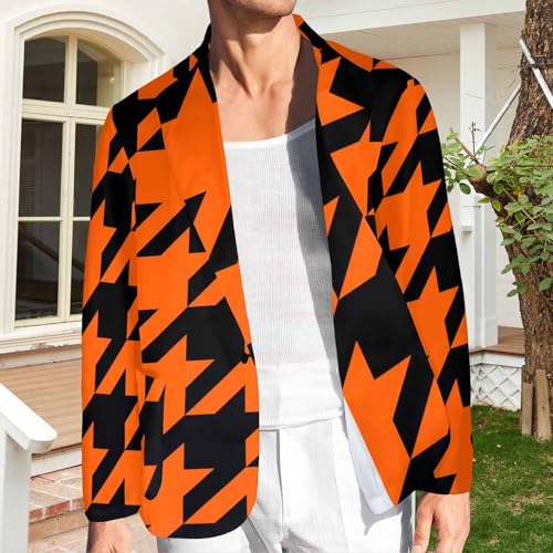 Blazer for Men Black and Orange Houndstooth Men's Long-Sleeve Classic-Fit Button-Front Stretch Blazer2