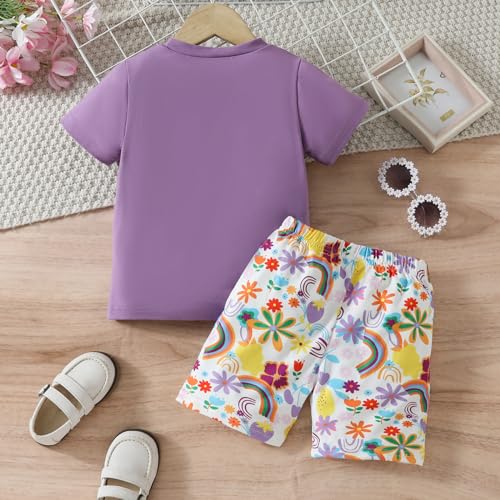Image of Ayzozuy Kid Girl Clothes Shorts Set 2 Piece Outfits Summer Casual Short Sleeve Top and Shorts Set for Girls 4-7