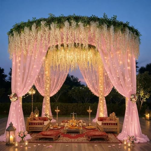 Image of Party Propz Light Pink Net Curtain for Backdrop Decoration with Artificial Ivory Wisteria Flower & Light -9Pcs, Ganpati Decoration Setup for Home, Ganpati Decorations, Varalakshmi Pooja, Janmashtami