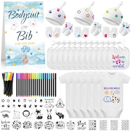 78PCS Baby Bib Bodysuit Baby Shower Set Baby Shower Game Sign Baby Feede Bib Newborn Bodysuit Fabric Marker