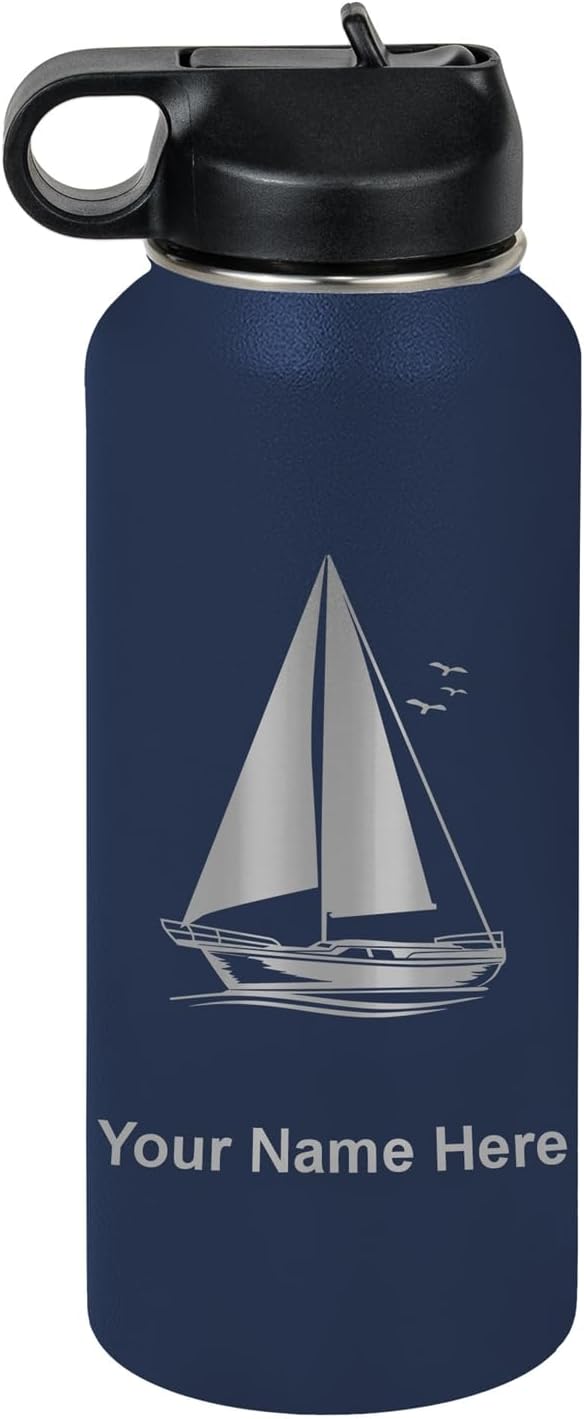 LaserGram Personalized Water Bottle, Sailboat, Stainless Steel Double Wall Vacuum Insulated with Flip Top Straw, Custom Engraved Gift (32oz / 950ml Navy Blue)