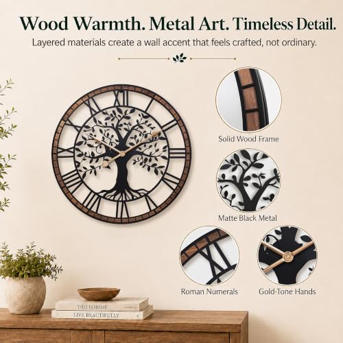 16 Inch Roman Numerals Tree Wall Clock for Living Room Decor,Wood Frame - Image 5