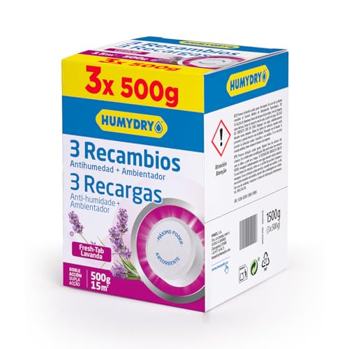 HUMYDRY Recambios 3 Tabs 500g Lavanda – Pastillas Antihumedad para Deshumidificador sin enchufe | Absorbe humedad y evita moho, olores y condensación | Fragancia lavanda para espacios hasta 15m²