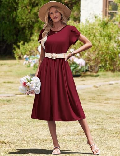 Image of HOTOUCH Women's Summer A-Line Midi Dresses 2026 Casual Floral Short Sleeve T-Shirt Dress Flowy Beach Sundress with Pockets