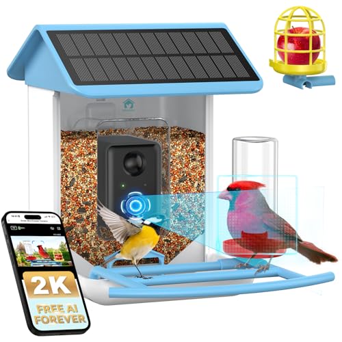 Bird Feeder with Camera No Subscription-Free AI Forever for 1,1000+ Birds Identification, 2K HD & 5MP Night Vision, Record Video Live View, 64GB Card, App Alerts, Gifts for Bird Lovers (Sky Blue)