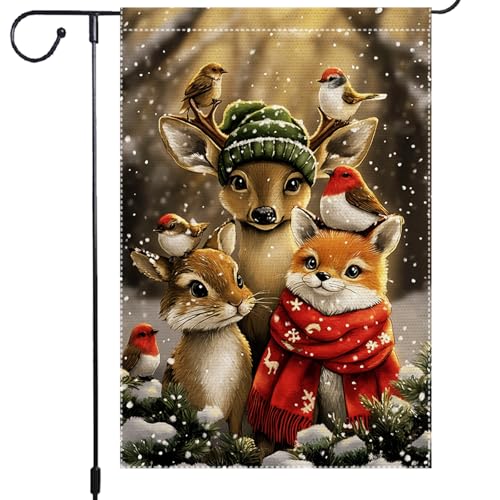 Winter Forest Animals Garden Flag 12x18 Inch Double Sided Burlap Cute Fox Deer Rabbit Bird Holiday Yard Flag Outdoor House Porch Lawn Christmas Decoration Seasonal Welcome Sign
