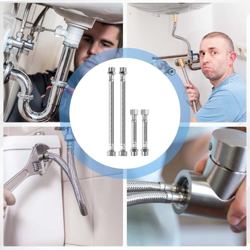 Flexschlauch 3/8, 4 Stück 304 Edelstahl Flexschläuche (10 cm und 20 cm), PanzerSchlauch 3/8 Zoll mit Überwurf und Außengewinde, Flexibler Schlauch für Wasserhahn, Waschmaschine, Duschkopf, Toilette