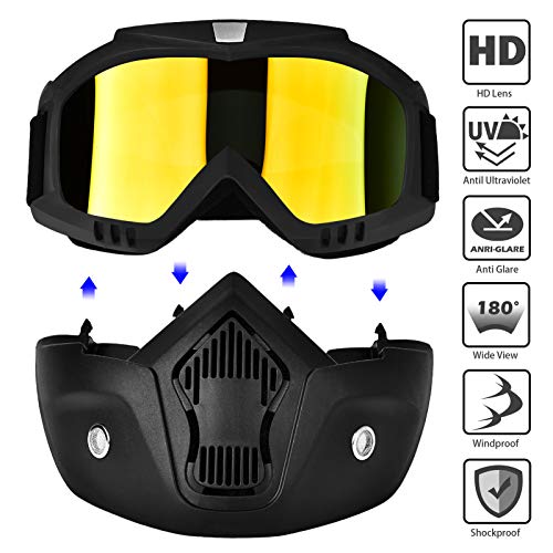 BOLLFO Motorcycle Goggle Mask,Protective Glasses with Detachable Mask for Cycling,Skiing,Paintball,Riding,Snowmobile,Halloween and Costume Ball Adjustable Windproof Outdoor Anti-Fog Face Mask