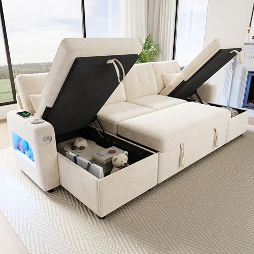 Sofá Convertible de 4 plazas en U con LED y USB C y portavasos, sofá esquinero convertible con almacenamiento y bolsillos laterales, sofá cama multifuncional con cojines en el salón Appt, beige