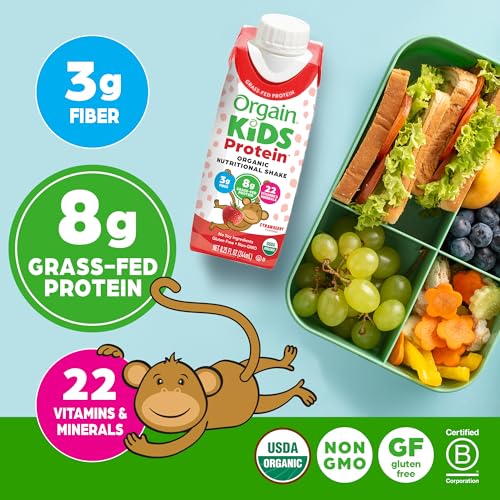 Orgain Organic Kids Nutritional Protein Shake, Strawberry, Healthy Kids Snacks, 8g Dairy Protein, 3g of Fiber, 22 Vitamins & Minerals, No Soy ingredients, Gluten Free, Non-GMO, 8.25 Fl Oz (Pack of 12)