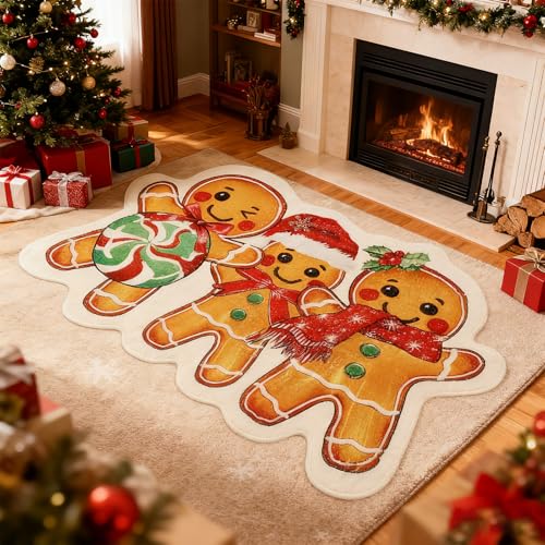 FYSUIMU Christmas Gingerbread Man Bathroom Rug 30 x 20 Inch Xmas Candy Cartoon Gingerbread Shape Bathmat Floor Mat for Winter Holiday Kitchen Living Room Decoration