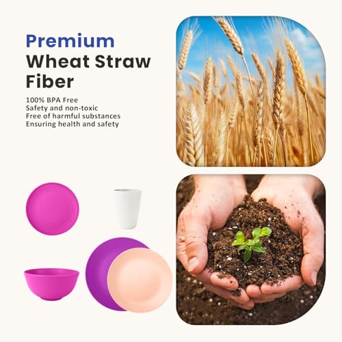 Image of Homienly 40-Piece Wheat Straw Dinnerware Set, Reusable Plates and Bowls Sets, Alternative to Plastic Dishes Set-Dinner Plates with Textured Pattern, Bowls, Cups, Dishwasher Safe - Pink Flower