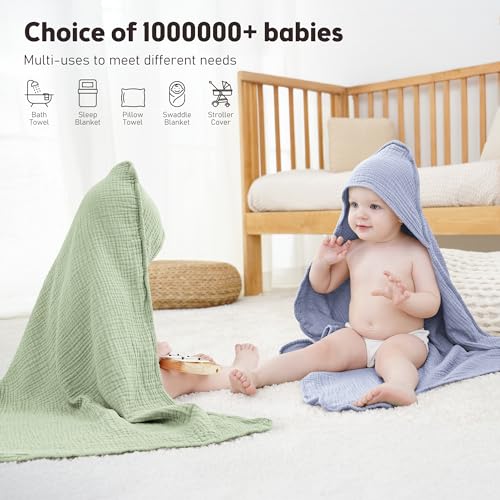 Image of Susurration Hooded Baby Towels for Newborn 2 Pack 100% Muslin Cotton Towel for Babies,Highly Absorbent and Newborn Essential (Blue&Green)