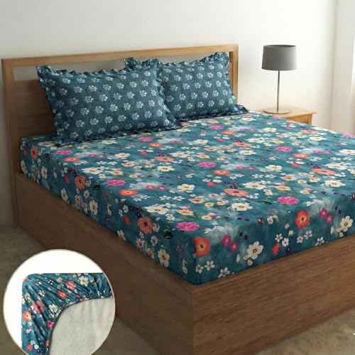 Image of Home Sizzler Microfibre Floral Print Double Fitted Bedsheet, 72x78 inch, Teal Green with 2 Ruffled Edge Pillow Covers
