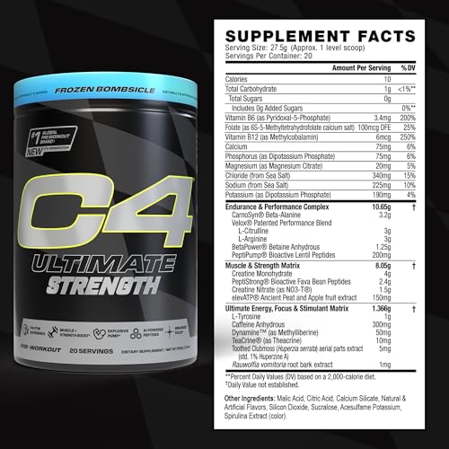 Image of Cellucor C4 Ultimate Strength Pre Workout Powder - Tri-Stim Experience 300mg Caffeine+TeaCrine+Dynamine - Creatine & Beta-Alanine - Energy Supplement for Men & Women - Frozen Bombiscle, 20 Servings