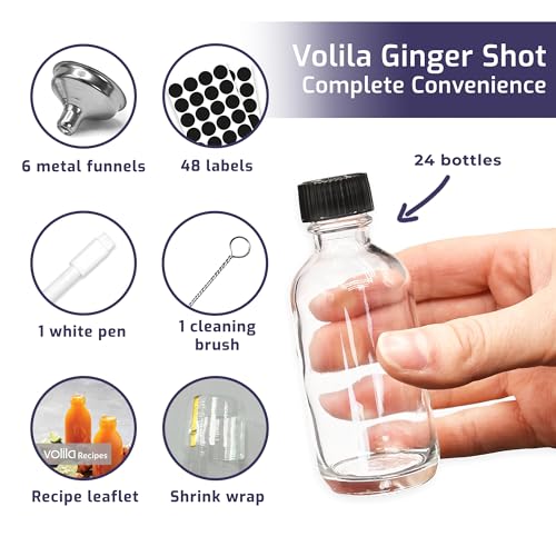 volila Ginger Glass Shot Bottles Mini Set of 24 x 2oz or 60ml with Pouring Funnel - Image 3