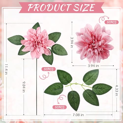 XunYee 50 Pack Artificial Wedding Dahlia Flowers Bulk Silk Dahlias with Stems and Green Leaves Fake Flora Decoration Faux Bouquets for DIY Bridal Shower Wedding Party(Dark Pink)