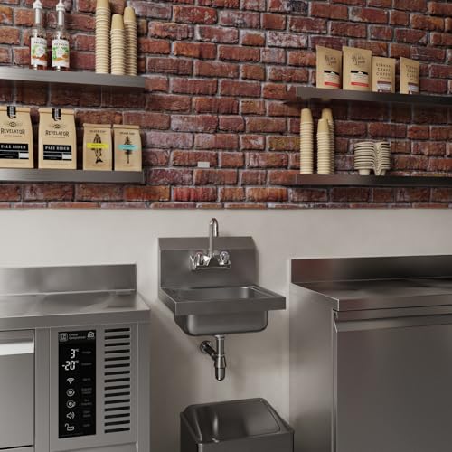Image of 15 in. x 15 3 /4 in. NSF Certified Stainless Steel Hand Sink - Commercial Wall Mount Hand Basin with Faucet. Ideal for Restaurants, Bars, Kitchens, and Stores