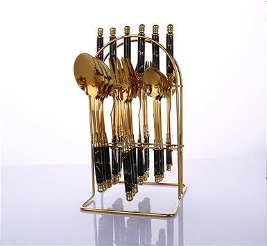 Silverware Flatware Set, 24-piece Stainless Steel Cutlery With Ceramic Handles, Marble Crack Emerald Knife, Fork And Spoon With StandBlack
