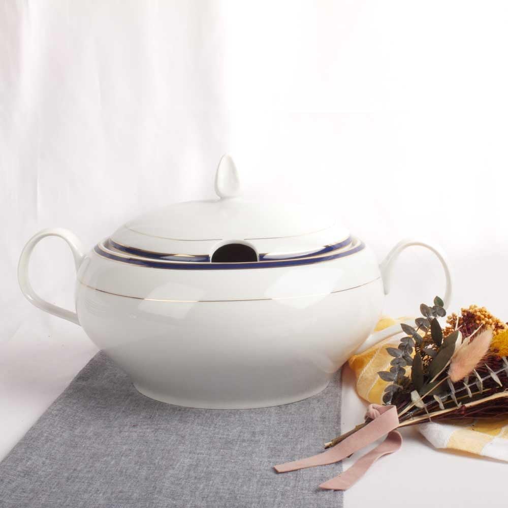 Sopera de porcelana blanca (X l) Sonata, 1 tapa de porcelana, filo de oro, azul cobalto