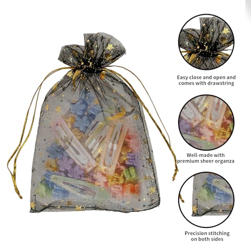 Image of YHJZ 100PCS Moon Star Organza Bags, 4x6 inches (10x15cm) Small Mesh Bags Drawstring, Jewelry Gift Pouches for Wedding, Party, Festival, Makeup Organza Favor Bags (Black)